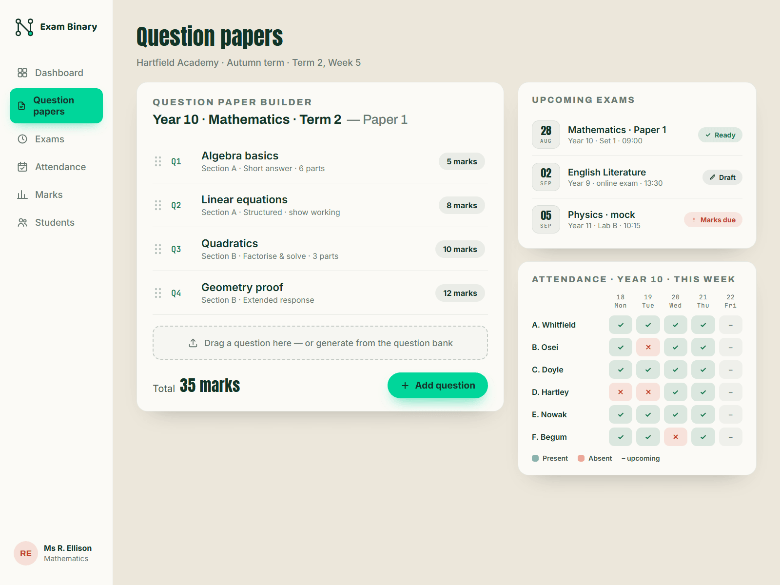 Exam Binary — product interface preview