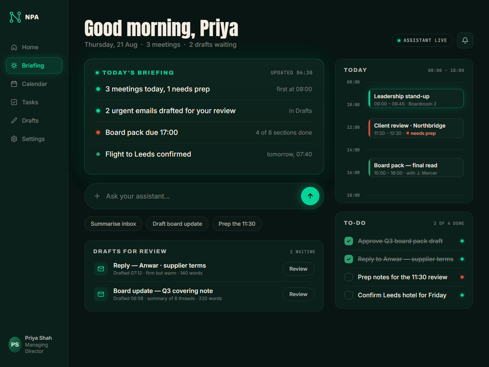 Neovogent Personal Assistant — product interface preview